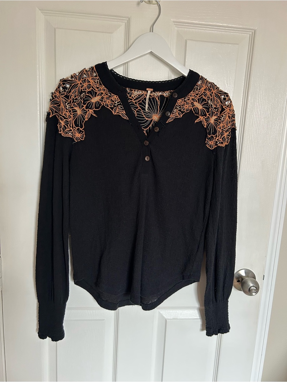 Free People Black Henley Top with Peach Floral Lace Yoke